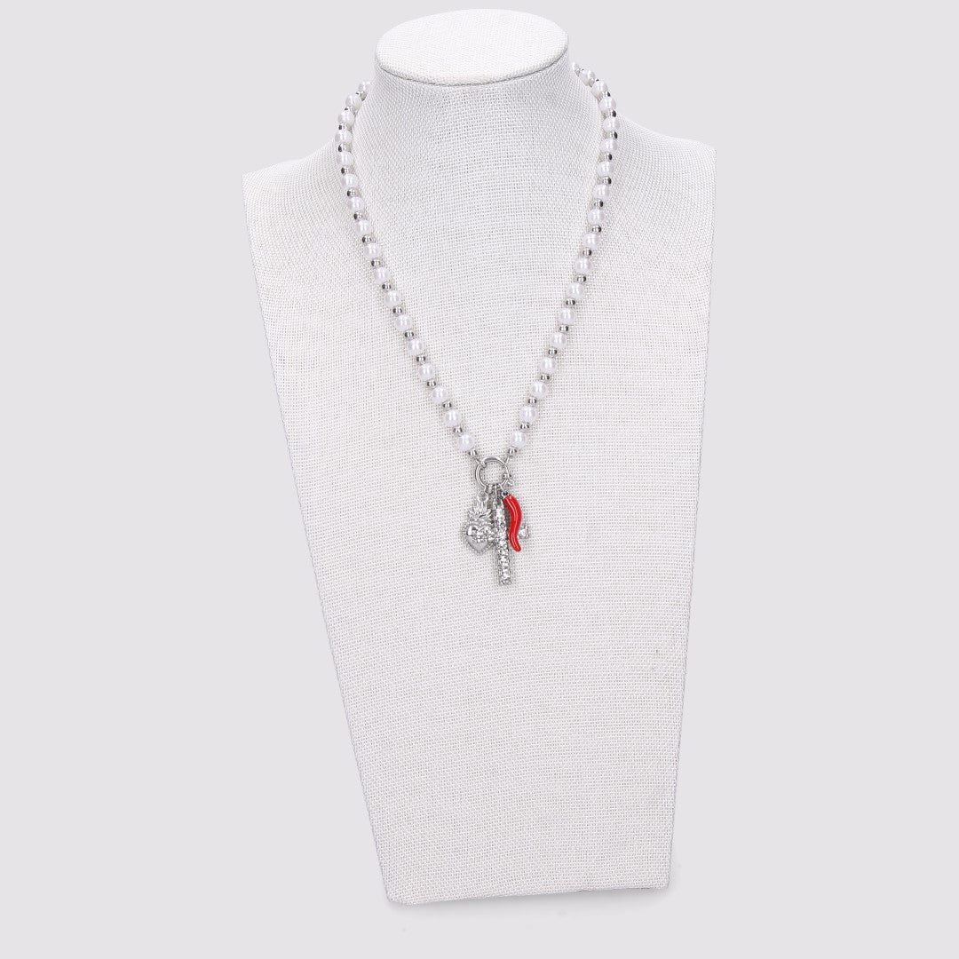 Collana Croce tre ciondoli con Perline